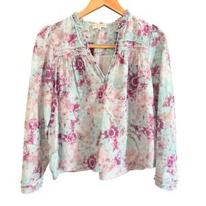 The Westside | Teal and Purple Tie Dye Ruffle Boxy Boho split neck Blouse Medium